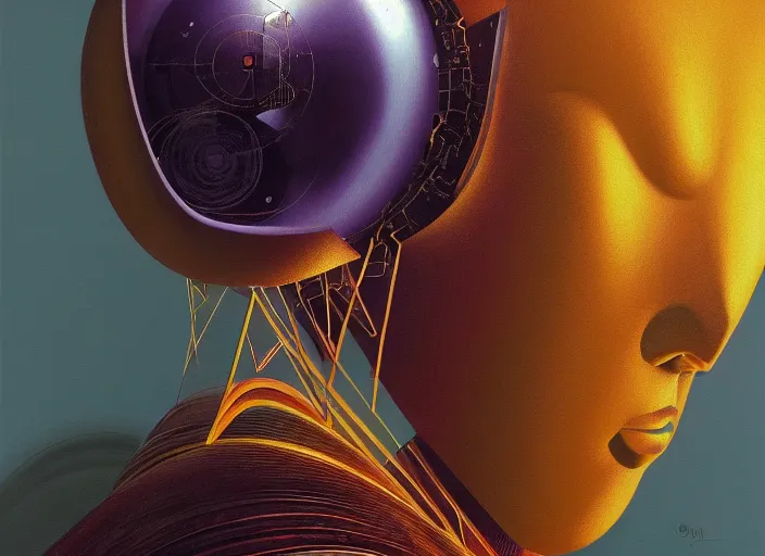 Image similar to asymmetrical portrait headshot of sci fi metallic human, bright eyes, melancholic complex geometric figure liminal biomechanics by oskar schlemmer, moebius, john berkey, film grain, oil on canvas, portrait facial head, featured on artstation, hd wallpaper, 8 k, bright colors, global radiant light