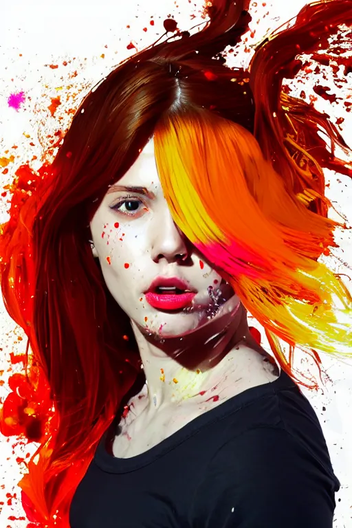 Image similar to a award winning half body portrait of a beautiful woman in a croptop and cargo pants with ombre red orange yellow hairstyle with head in motion and hair flying, paint splashes, splatter, outrun, vaporware, shaded flat illustration, digital art, trending on artstation, highly detailed, fine detail, intricate