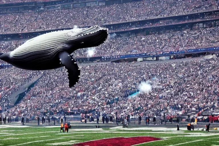 Prompt: a humpback whale flying in the air over an nfl football stadium ultra detailed realistic photograph cinematic lighting