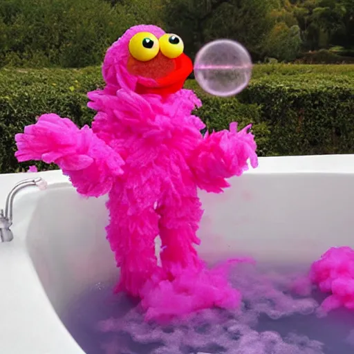 Image similar to hot pink feather boa muppet in bubble bath wit bubbles floating in the air