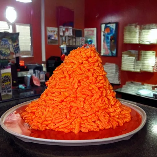 Image similar to a flaming hot cheetos cheese volcano