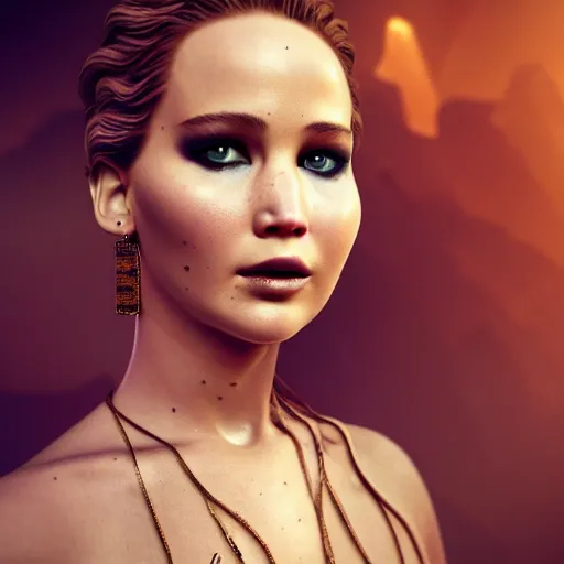 Image similar to jennifer lawrence giesha demon, innovative avant - garde art, deco fashion, asian women, highly detailed, photorealistic portrait, serene desert setting, golden hour, crisp quality and light reflections, octane render