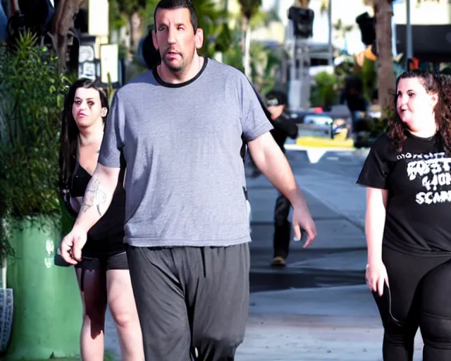 Prompt: fat gamer adam sandler wearing gamer shorts and a goth gf walking in hollywood. espn coverage