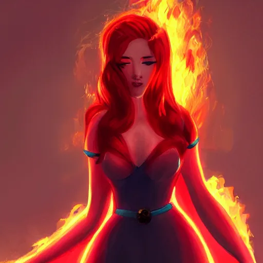 Image similar to a goddess with red hair and red dress with a fire aura, trending on artstation