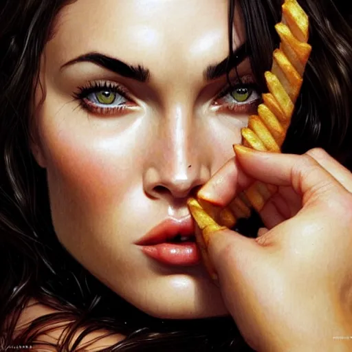 Prompt: Megan Fox eating french fries, closeup, D&D, fantasy, intricate, elegant, highly detailed, digital painting, artstation, concept art, matte, sharp focus, illustration, art by Artgerm and Greg Rutkowski and Alphonse Mucha