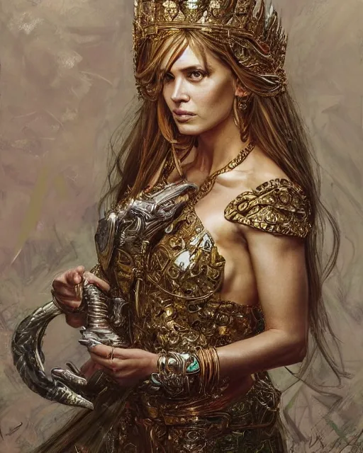 Image similar to highly detailed portrait of a majestic lioness queen in the form of a beautiful woman. d & d, art by donato giancola and ruan jia and carl larsson. trending on artstation, intricate details, energetic composition, golden ratio, concept art, illustration, elegant art