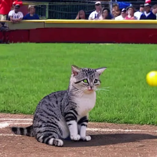 Prompt: a large crowd watch intently as a cat throws the first ball of a baseball game