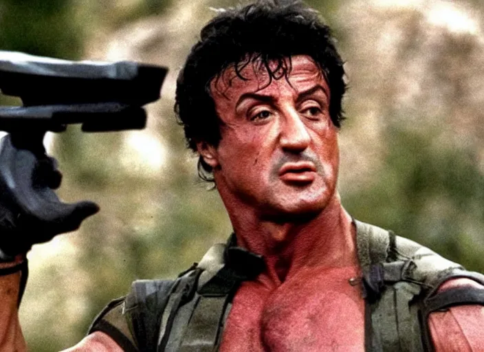 Image similar to sylvester stallone in a still from the movie Commando (1985)