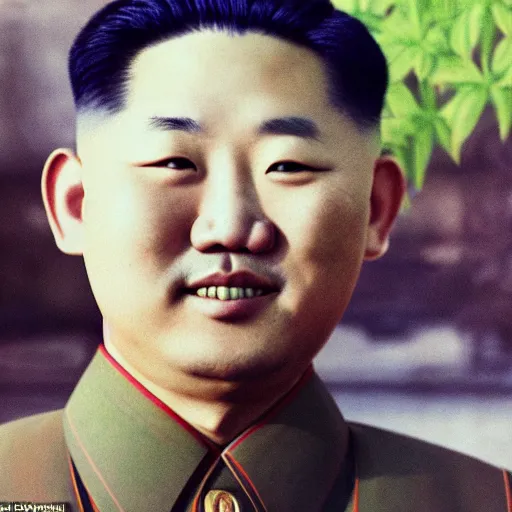 Image similar to colour araki nobuyoshi style close - up photography of detailed north korean kim chen with detailed smiling face, smelling detailed weed bush