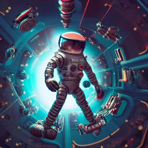 Image similar to an ornate cinematic portrait of an astronaut entering the micro atom realm of the microscopic multiverse with a tiny micro spaceship, cinematic lighting, under a microscope, trending on Artstation, highly detailed, insane details