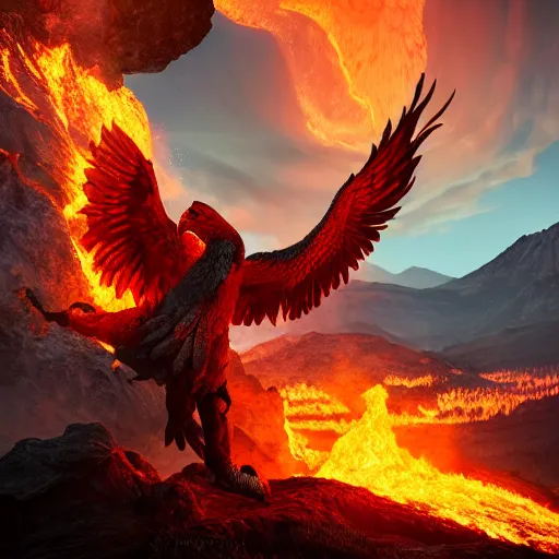 Image similar to giant fire eagle coming out of a vulcano, beautiful light, mountains, nature, fantasy book, d & d, high detail, 8 k, octane render painting, dark fantasy