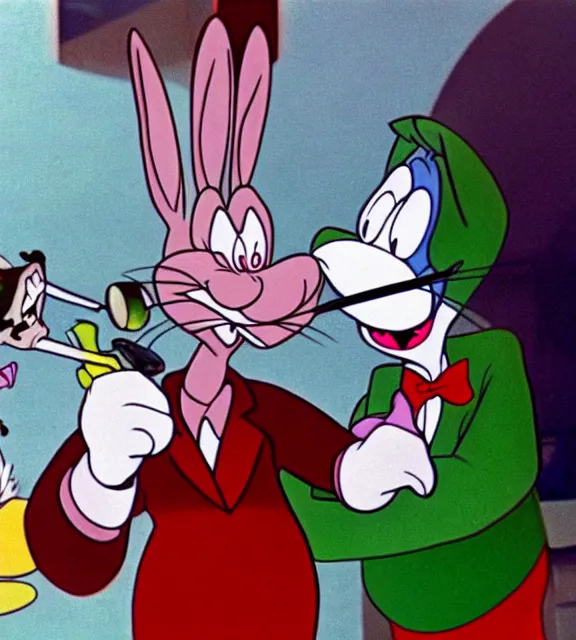 Prompt: red eyes bugs bunny smoking a bong, still from looney tunes