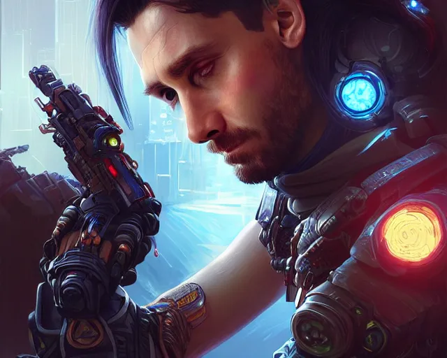 Prompt: messi with cyberpunk implants, deep focus, d & d, fantasy, intricate, elegant, highly detailed, digital painting, artstation, concept art, matte, sharp focus, illustration, hearthstone, art by artgerm and greg rutkowski and alphonse mucha