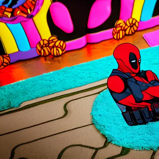 Image similar to deadpool in candyland, 8 k photography