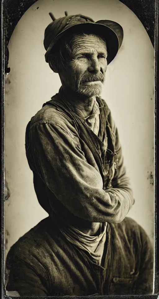 Prompt: a highly detailed digital collodion photograph, a portrait of a farmer