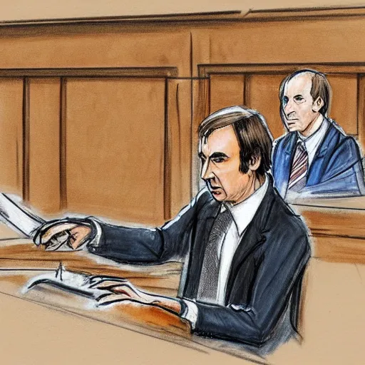 Image similar to a court sketch of saul goodman defending vineshroom in court, sketch art, court sketch art, saul goodman