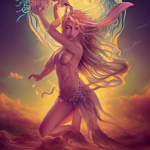 Image similar to Full body photo of the most beautiful goddess, she has a jellyfish-phoenix head's and a siren body, some tentacles are touching her, she flying to heaven over the soft clouds, by Tooth Wu, trending on Artstation, digital art, symmetrical artwork, cinematic, hyper realism, high detail, octane render, 4k, 8k