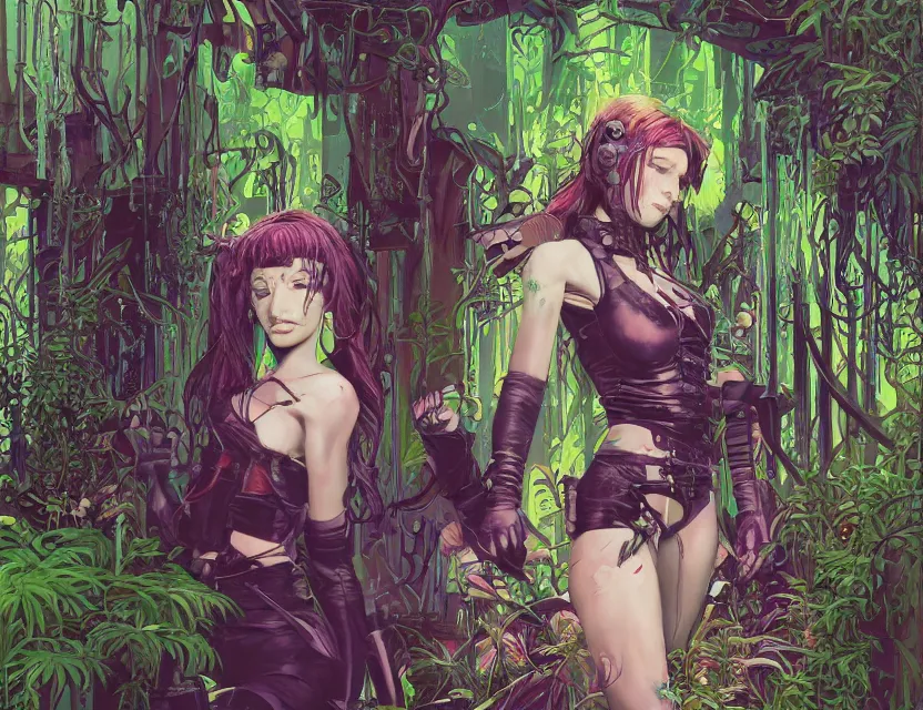 Prompt: the cyberpunk princess overgrown by plants. this oil painting by the award - winning mangaka has interesting color contrasts, plenty of details and impeccable lighting.