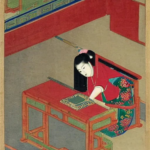 Prompt: oriental painting of a lady programming on a laptop in the song dynasty