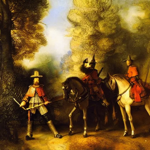 Prompt: knights in the forest around bonfire, oil painting by Rembrandt