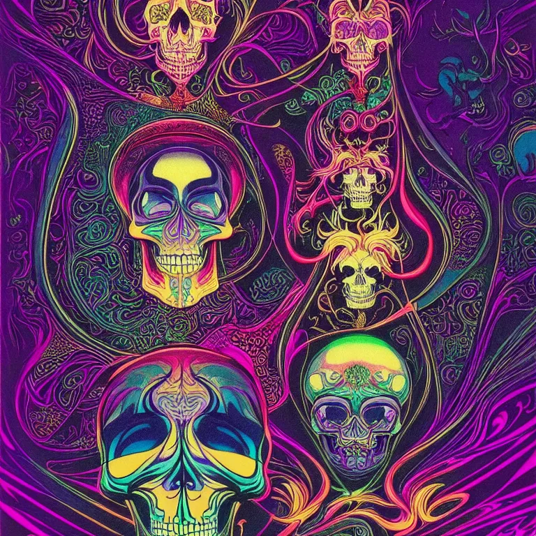 Prompt: psychedelic skull infinite fractal worlds bright neon colors highly detailed cinematic eyvind earle tim white philippe druillet roger dean lisa frank aubrey beardsley