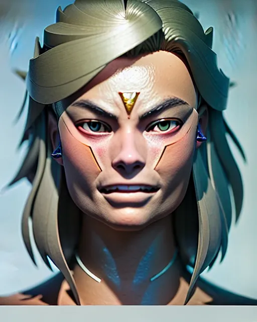 Image similar to azctec warrior, margot robbie, detailed perfect face, exquisite details, fire magic, mid view, design on a white background, by studio muti, greg rutkowski makoto shinkai takashi takeuchi studio ghibli