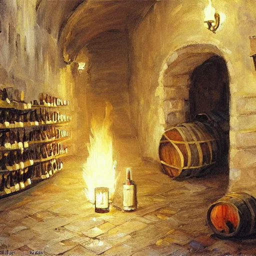 Image similar to wine cellar full of food, torches on the wall, schnapps, painting, Fritz Wagner, Vladimir Volegov, Olga Zakharova