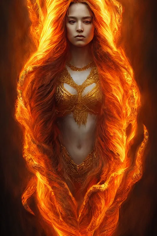 Prompt: majestic and regal portrait of a beautiful young female fire goddess!!, intricate, epic, elegant, menacing, fantasy, highly detailed, digital painting, hard focus, beautiful volumetric lighting, epic light, ultra detailed, souls, smoke, by leesha hannigan, ross tran, thierry doizon, kai carpenter, ignacio fernandez rios