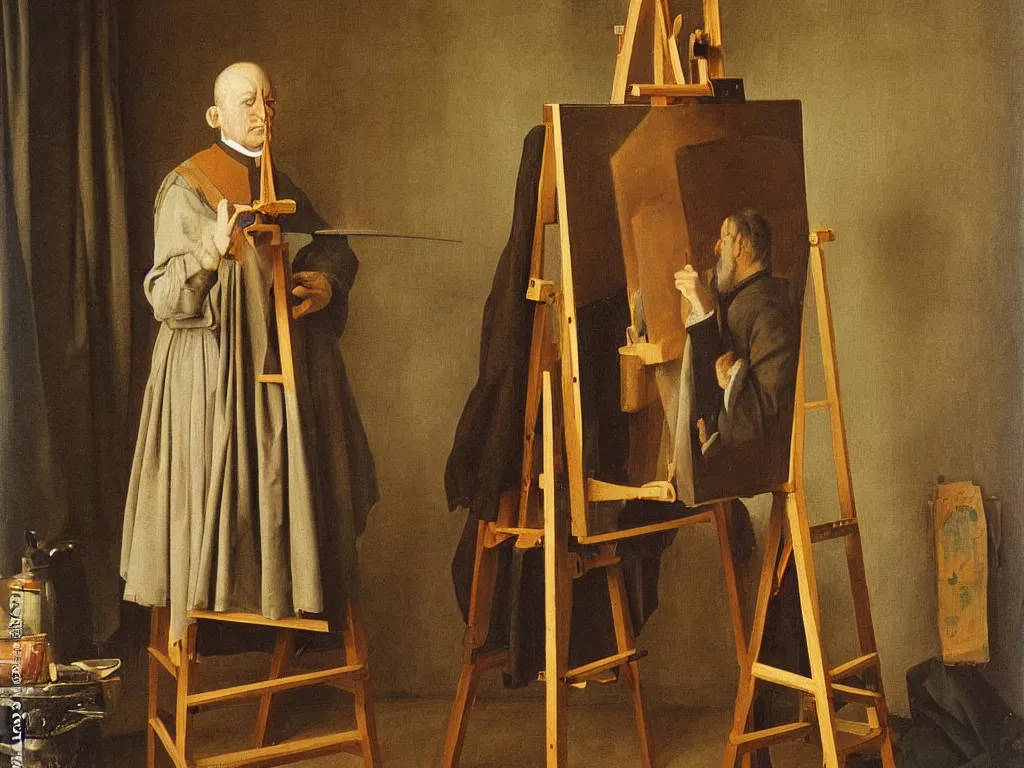 Prompt: portrait of a painter at his easel, canvas. painting by jan van eyck, august sander.