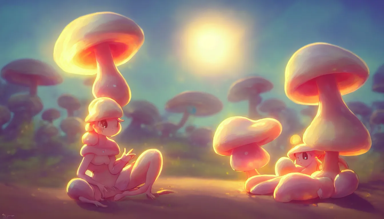 Image similar to concept art for a cute thicc humanoid mushroom creature, anime style, golden hour, lens flare, pastel pink glow, sitting on the beach | | epic - fine - clean, polished, trending on artstation, brush strokes