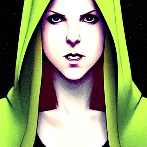 Image similar to Phil Noto comic art, artgerm, cinematics lighting, beautiful Anna Kendrick supervillain, green dress with a black hood, angry, symmetrical face, Symmetrical eyes, full body, flying in the air over city, night time, red mood in background