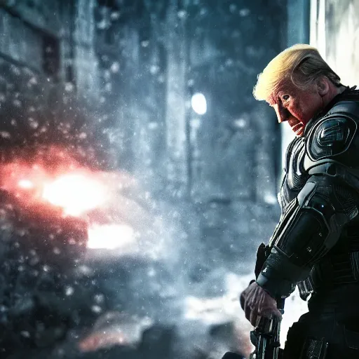 Prompt: Movie still of Donald Trump as the punisher in Gears of War, splash art, movie still, cinematic lighting, dramatic, octane render, long lens, shallow depth of field, bokeh, anamorphic lens flare, 8k, hyper detailed, 35mm film grain