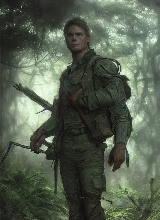 Image similar to portrait of a young richard dean anderson wearing a green combat uniform, in a post appocalyptic city overgrown by plants, by wlop, by luis royo, by greg rutkowski, cover illustration, concept art, volumetric lighting, volumetric atmosphere, sharp focus, octane render, trending on artstation, 8 k