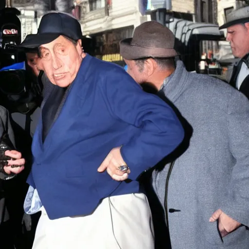 Image similar to Silvio Berlusconi with a blue NY hat and 16 cigarettes in his eyes, photo, paparazzi, hd, high quality