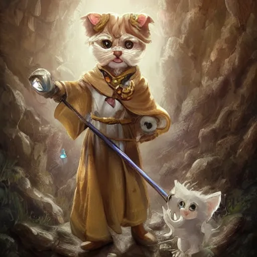 Image similar to cute little anthropomorphic a Maltese Terrier and a tabby cat, wielding a magic staff, tiny, small, short, Wizard robe, cute and adorable, pretty, beautiful, DnD character art portrait, matte fantasy painting, DeviantArt Artstation, by Jason Felix by Steve Argyle by Tyler Jacobson by Peter Mohrbacher, cinema