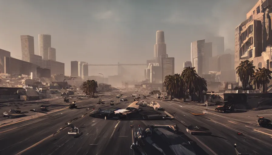 Prompt: los angeles under tons of sand, heat wave, cars in the streets, black smoke, flags, hyperdetailed, artstation, cgsociety, 8 k