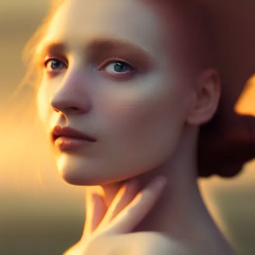 Image similar to photographic portrait of a stunningly beautiful english renaissance female in soft dreamy light at sunset, beside the river, soft focus, contemporary fashion shoot, in a denis villeneuve and tim burton movie, by edward robert hughes, annie leibovitz, extremely detailed, breathtaking, hyperrealistic, perfect face, octane render