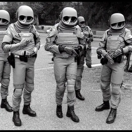 Image similar to extraterrestrial zeta reticulan grey alien, being arrested by spetsnaz