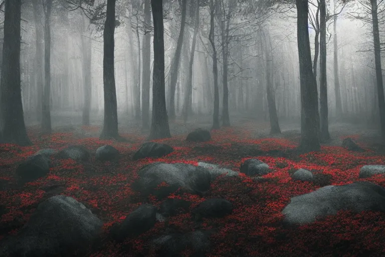 Prompt: deep dark moody forest, red fog on the ground, bleak. big stones, dark mood. mysterious. doom. realistic painting. photobashing, matte painting, highly detailed, autumn, cinematic, hyperralistic, artstation, art brut, dramatic lighting, god rays, clean crisp graphics, smooth sharp focus, extremely detailed, ukiyo - e,