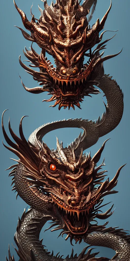 Prompt: a beautiful obverse portrait of a single huge chinese dragon, solid background, mechanical, metal, model design, fine texture structure, hyper detailed, perfect shadows, atmospheric lighting, 3 d render, the style of pascal blanche and sparth juan zigor samaniego, paul pepera pablo roldan, denoise, alone, 4 k hd