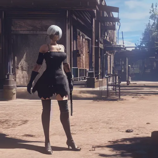 Prompt: Film still of 2B nier automata in a town from Red Dead Redemption 2 (2018 video game), concept art