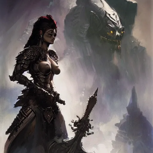 Image similar to A full portrait of a beautiful armored berserker woman, with an oversize Gothic sword, by Frank Frazetta, Greg Rutkowski, Boris Vallejo, epic fantasy character art, Exquisite detail, post-processing, masterpiece, cinematic