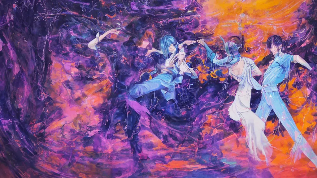 Image similar to beautiful and detailed soft painting of two people dressed as gen z dancing togheter in a nightclub enveloped in trails of colorful animal ghosts floating around them. clean painting, realistic and auora lighting. dark blue and intense purple color palette, art by yoshiyuki tomino, masterpiece, 8 k