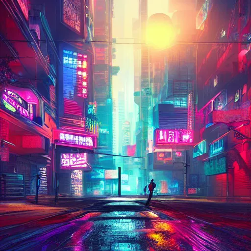Prompt: Dystopian Cyberpunk city, neon lights glisten off rainy streets, vibrant, realism, highly detailed digital art, 8k Octane