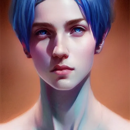 Image similar to young boy, blue hair, pink eyes, gorgeous, amazing, feminine, elegant, intricate, highly detailed, digital painting, artstation, concept art, sharp focus, portrait, illustration, art by artgerm and greg rutkowski and alphonse mucha