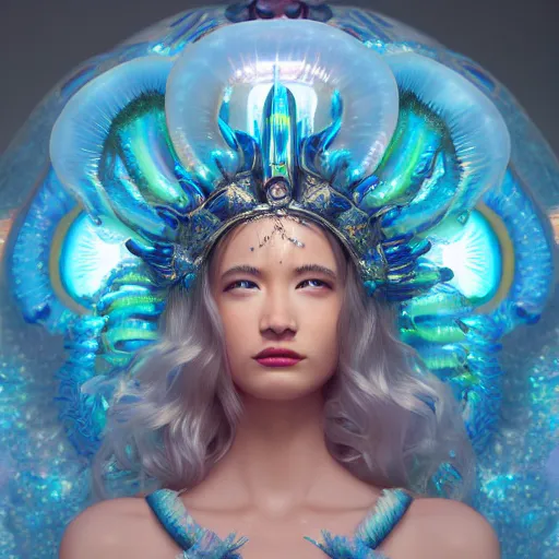 Prompt: Portrait of the most beautiful goddess, she has a jellyfish phoenix head's, by Tooth Wu, trending on Artstation, digital art, symmetrical artwork, cinematic, hyper realism, high detail, octane render, 4k, 8k