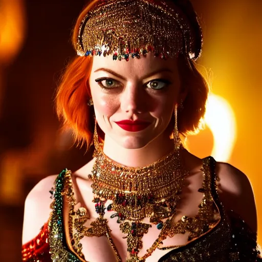 Prompt: a beautiful portrait of emma stone dressed as a belly dancer, arabian night, high quality, fully detailed, 4 k