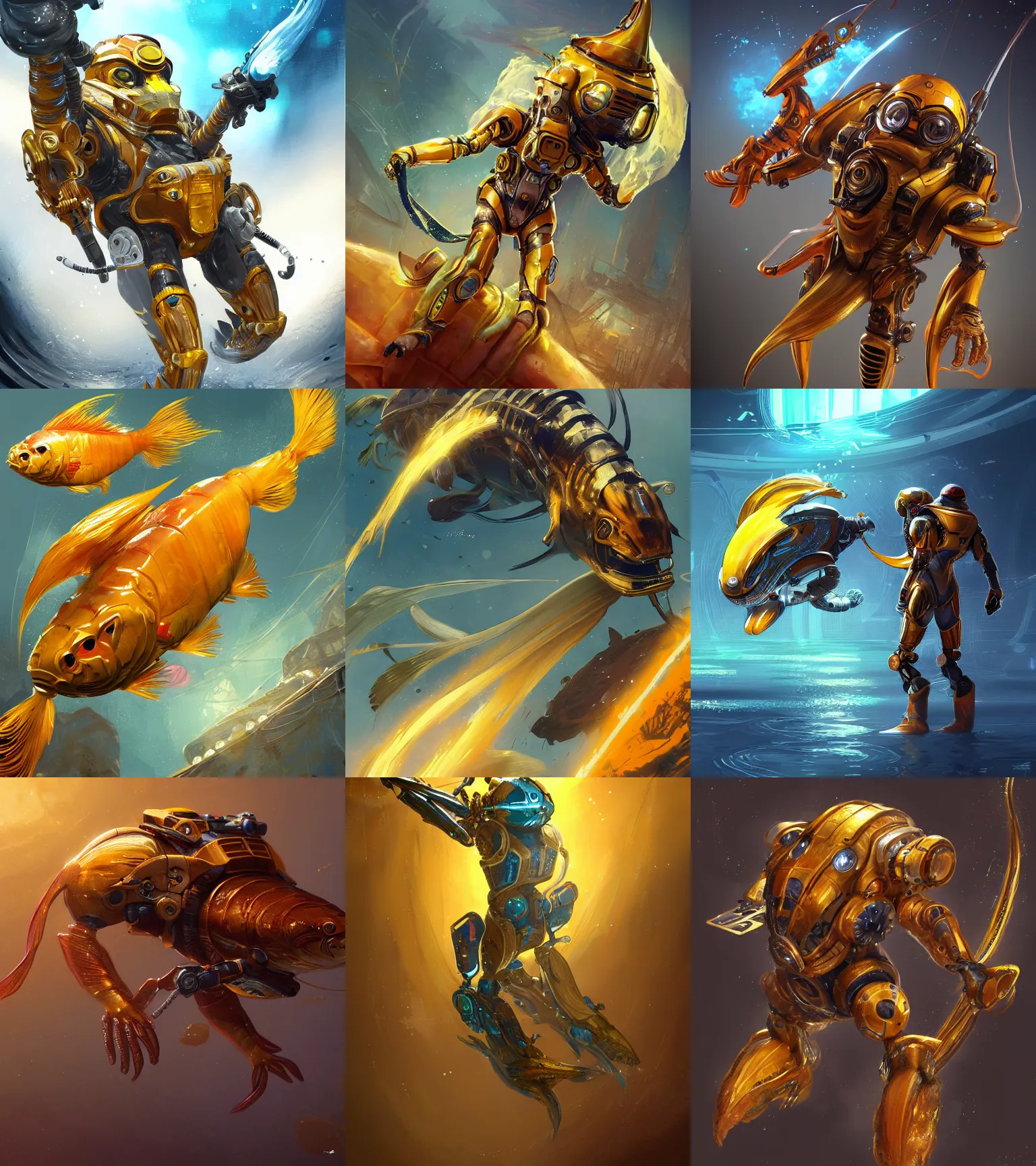 Prompt: Golden fish in water exoskeleton, Starfinder style, scifi, digital artwork, concept art, trending on artstation