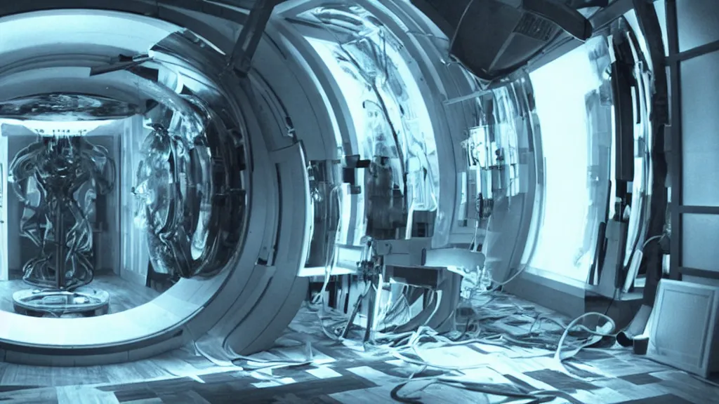 Image similar to an mri image open mri exposed uncovered machine portal in the living room, film still from the movie directed by denis villeneuve with art direction by salvador dali, wide lens