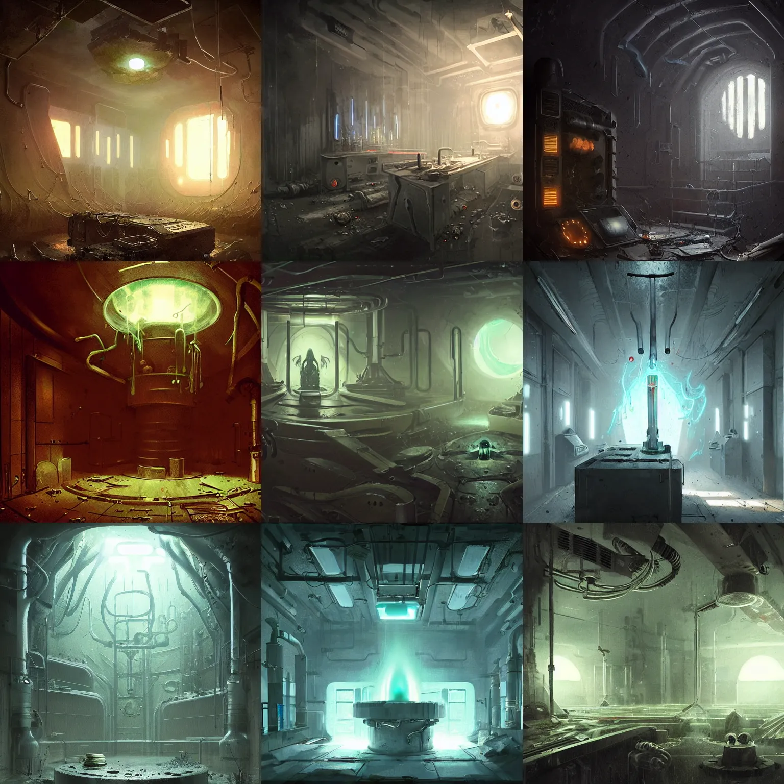 Prompt: dark disturbing bunker laboratory with alien mechanisms inside, with mystical glowing fluid, ultra detailed, made by greg rutkowski